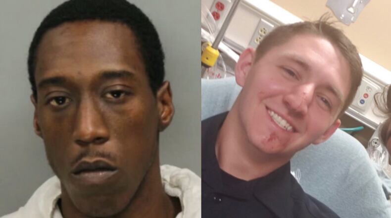 Jordoan Allen Myles (left) is accused of knocking out officer Matthew Saylers (right) before being arrested early Wednesday morning.