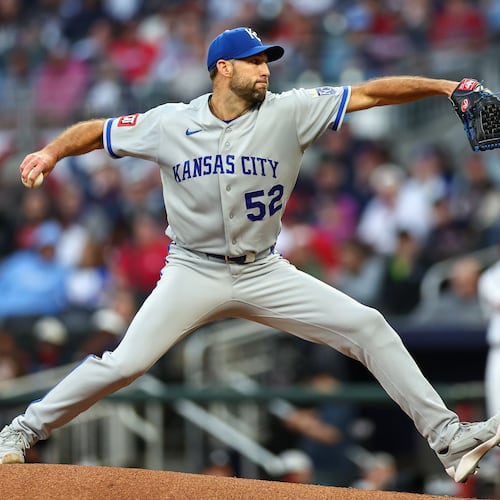 Kansas City Royals pitcher Michael Wacha (52) delivers in the first inning of a baseball game against the Atlanta Braves, Saturday, March 28, 2026, in Atlanta. (AP Photo/Colin Hubbard)