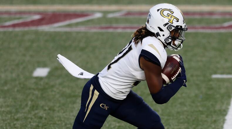 Georgia Tech running back Jahmyr Gibbs carries the ball during the first half against Boston College, Saturday, Oct. 24, 2020, in Boston. (Michael Dwyer/AP)