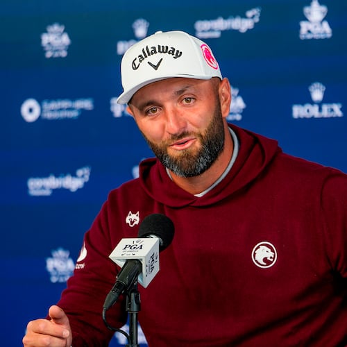 Jon Rahm, of Spain, speaks to the media prior to a PGA Championship golf tournament practice round at Aronimink Golf Club, Tuesday, May 12, 2026, in Newtown Square, PA. (AP Photo/Carolyn Kaster)