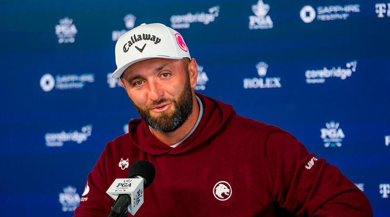 Jon Rahm, of Spain, speaks to the media prior to a PGA Championship golf tournament practice round at Aronimink Golf Club, Tuesday, May 12, 2026, in Newtown Square, PA. (AP Photo/Carolyn Kaster)