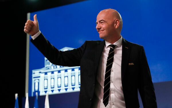 FILE - FIFA President Gianni Infantino arrives at the FIFA congress on the eve of the opener of the 2018 soccer World Cup in Moscow, Russia, June 13, 2018. (AP Photo/Pavel Golovkin, File)