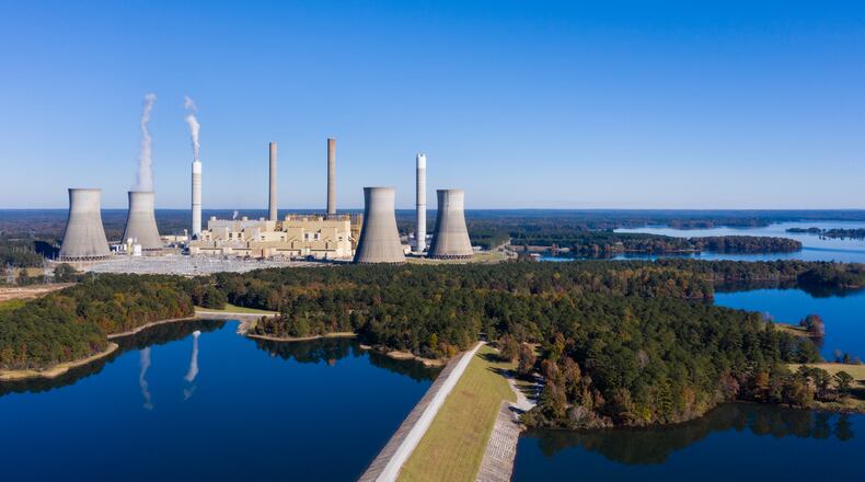 Plant Scherer, a Georgia Power plant, is seen from the air using a drone on Tuesday, November 9, 2021, near Juliette. (Elijah Nouvelage for The Atlanta Journal-Constitution)