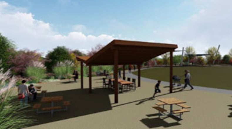 Artist’s rendering depicts a pavilion and open-table seating to be installed starting this spring at Windward Park in Alpharetta. CITY OF ALPHARETTA