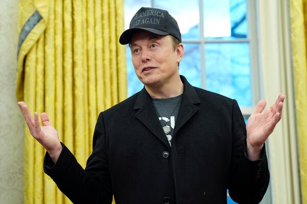 FILE - Elon Musk speaks during an event with President Donald Trump in the Oval Office at the White House, Feb. 11, 2025, in Washington. (AP Photo/Alex Brandon, File)