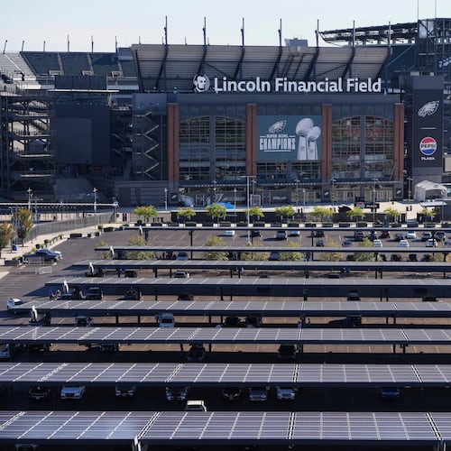 FILE - Solar panels are visible outside of Lincoln Financial Field on Sept. 8, 2025, in Philadelphia. (AP Photo/Matt Slocum, File)