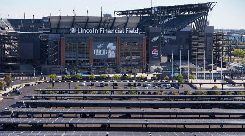 FILE - Solar panels are visible outside of Lincoln Financial Field on Sept. 8, 2025, in Philadelphia. (AP Photo/Matt Slocum, File)