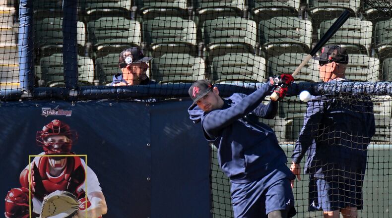 Braves third baseman Austin Riley takes batting practice during spring training at CoolToday Park in North Port, Florida. (Hyosub Shin / Hyosub.Shin@ajc.com)
