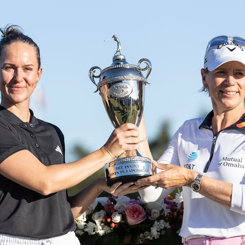 Linn Grant, left, and Annika Sorenstam, right, hold the championship trophy after Grant's win on the final day of The Annika LPGA golf tournament in Belleair, Fla., Sunday, Nov. 16, 2025. (AP Photo/Willie J. Allen Jr.)