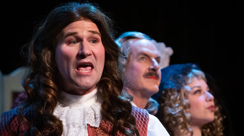 Eric Lang (from left), Jeffrey Watkins and Kaley Pharr play out a Restoration-era love triangle in “The Country Wife.”