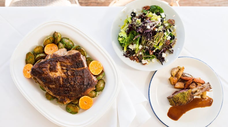 The Farmhouse at Serenbe Comfort Farms Pork Shoulder With Citrus and Beer, Farmhouse Salad With Mustard Vinaigrette, and Parsley Crusted Lamb Racks With Roasted Root Vegetables. CONTRIBUTED BY MIA YAKEL