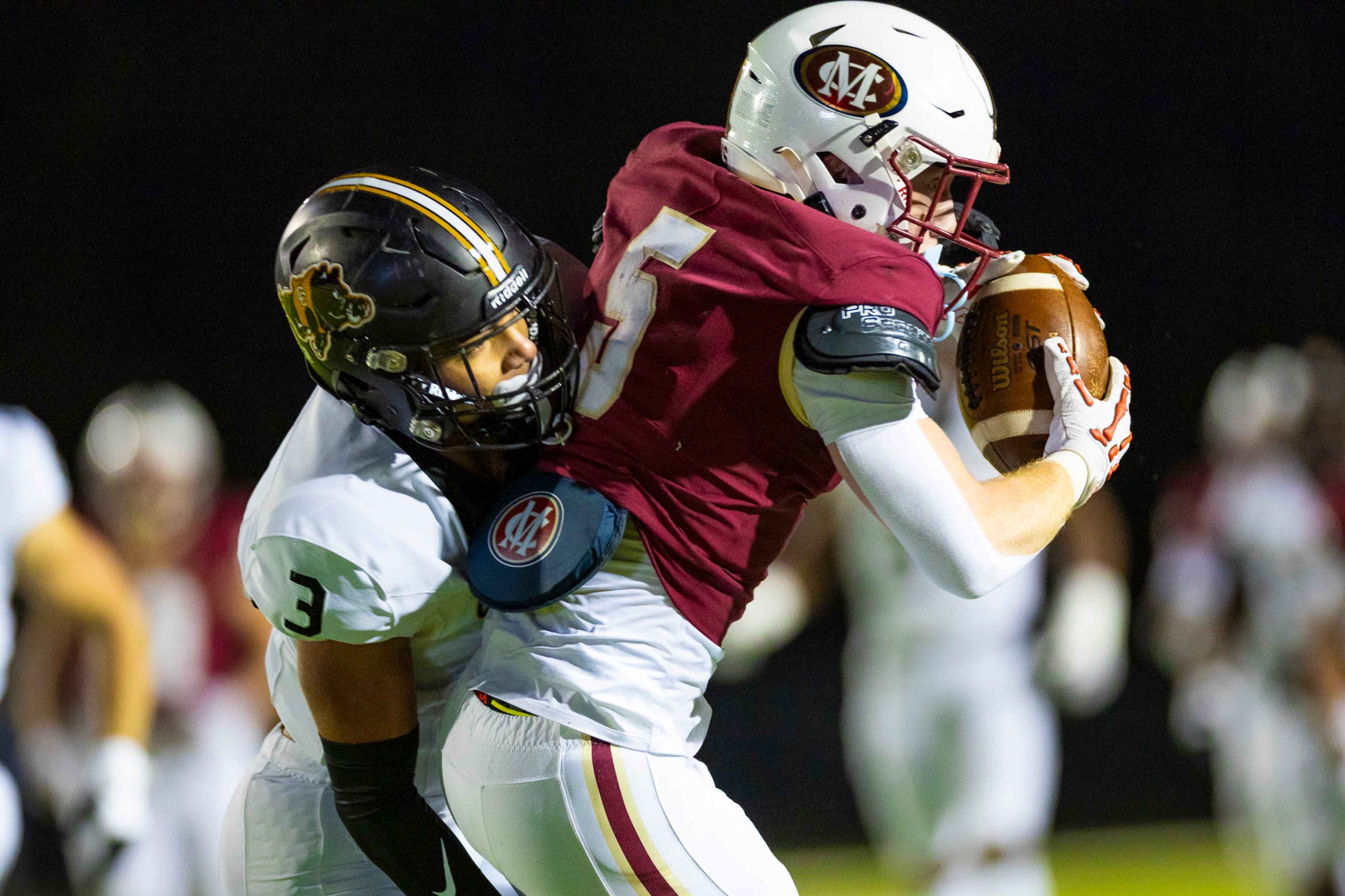 Colquitt County linebacker Kaden King (3) tackles Mill Creek wide receiver Carson Hurter (5) after a catch by Hurter during the second half at Mill Creek Community Stadium, Friday, Nov. 14, 2025, in Hoschton, Ga. (Oscar Guevara Saenz for the AJC)