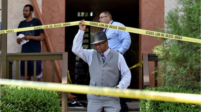 College Park police are investigating a shooting at Embarcadero Club Apartments. College Park Police Chief Keith Meadows said it appeared to be an attempted robbery of a resident at the apartment complex. Meadows said two people inside the apartment were killed and one of the robbery suspects was killed. A fourth person was wounded. BRANT SANDERLIN / BSANDERLIN@AJC.COM(no description)