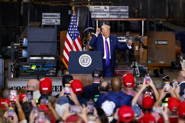 President Donald Trump dances to YMCA after speaking at his rally at Coosa Steel in Rome on Thursday, Feb. 19, 2026. (Arvin Temkar/AJC)