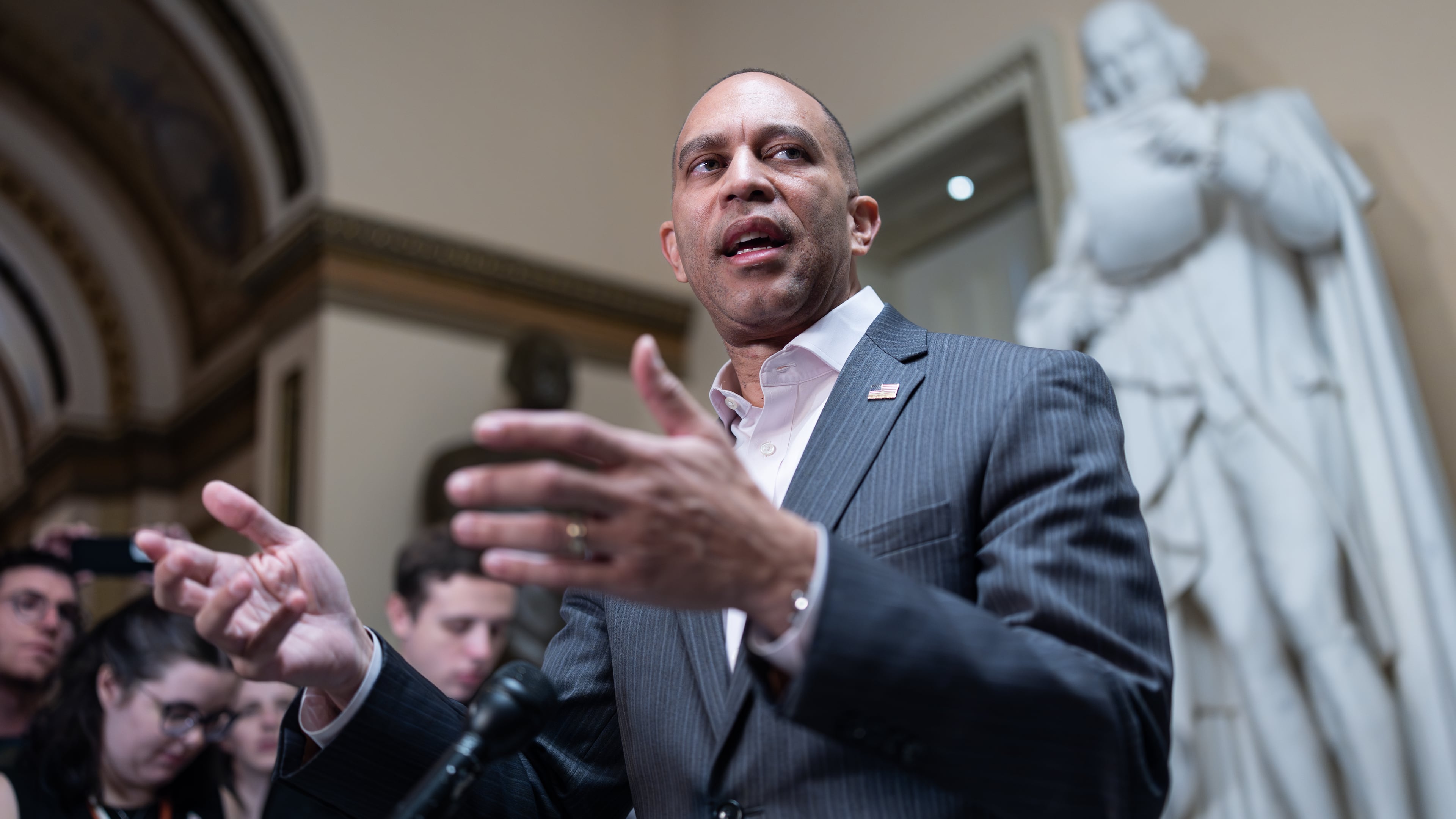House Minority Leader Hakeem Jeffries, D-N.Y., meets with reporters near the closed House chamber on day 24 of the government shutdown, at the Capitol in Washington, Friday, Oct. 24, 2025. (AP Photo/J. Scott Applewhite)