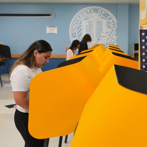 FILE - Voters cast their ballots at a voting center on the UCLA campus, June 2, 2026, in Los Angeles. (AP Photo/Jae C. Hong, File)