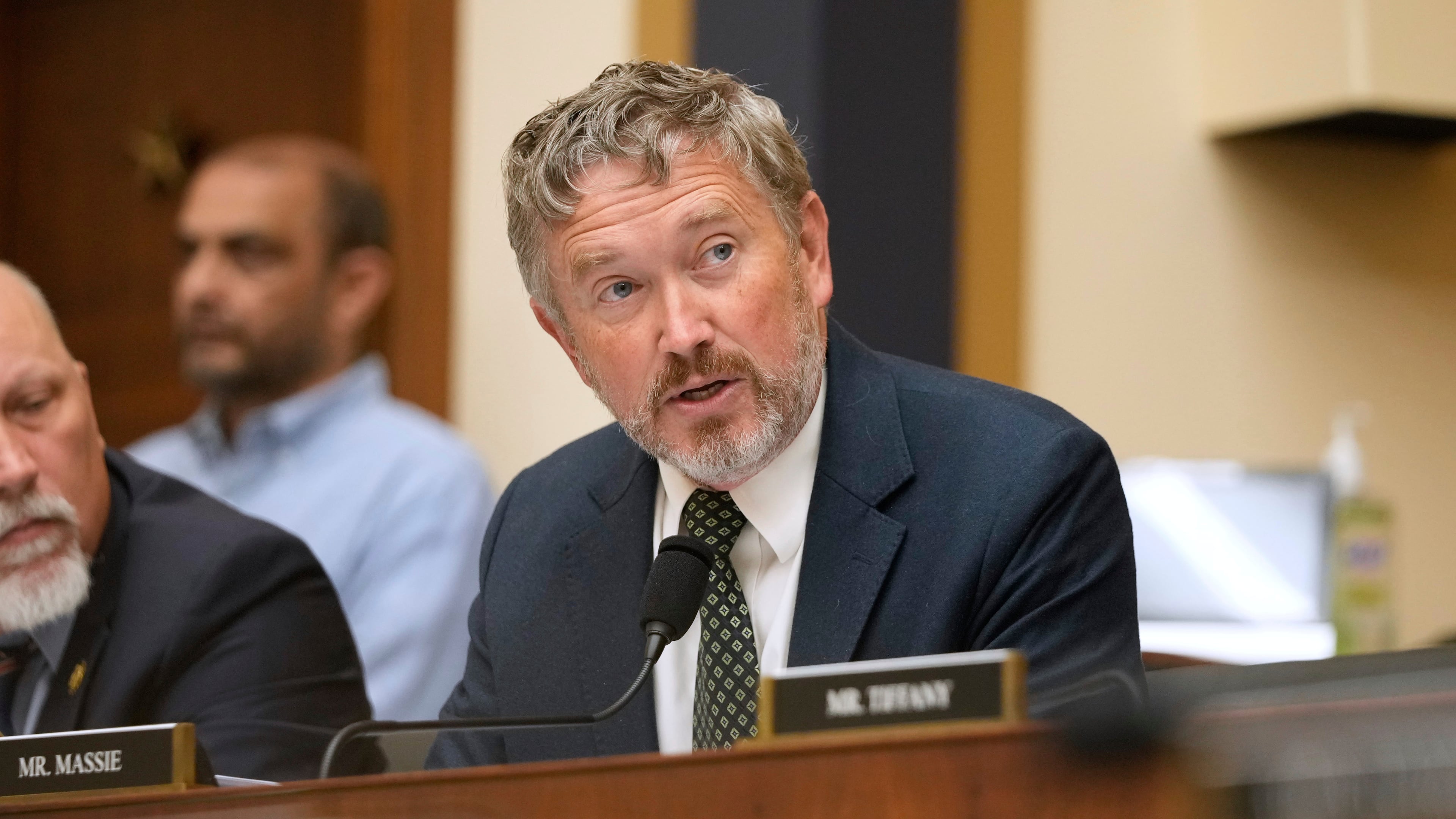 FILE - Rep. Thomas Massie, R-Ky., speaks as FBI Director Kash Patel appears before the House Judiciary Committee, on Capitol Hill in Washington, Sept. 17, 2025. (AP Photo/Mark Schiefelbein, File)
