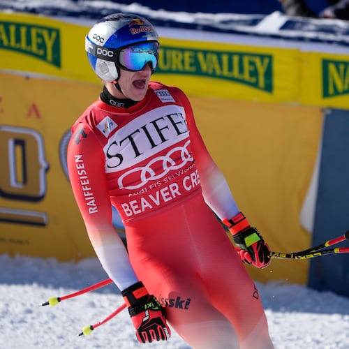 Switzerland's Marco Odermatt reacts after his run during a World Cup men's downhill skiing race, Thursday, Dec. 4, 2025, in Beaver Creek, Colo. (AP Photo/John Locher)
