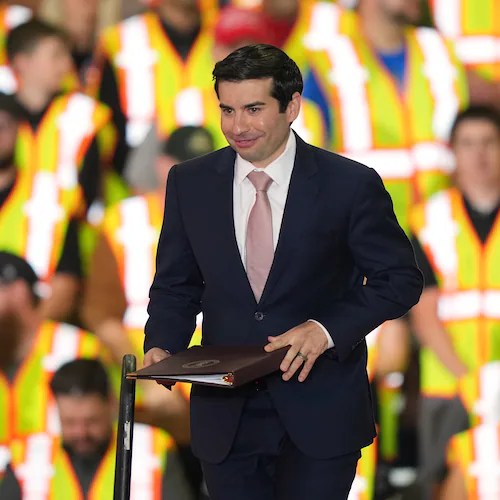 Acting Labor Secretary Keith Sonderling walks onto stage to speak ahead of President Donald Trump during a visit to the Lehigh Valley operations facility for Mack Trucks in Macungie, Pa., Tuesday, June 23, 2026. (AP Photo/Matt Rourke)
