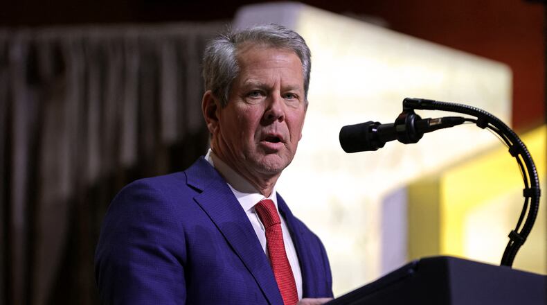 Georgia Gov. Brian Kemp speaks during a meeting of the Republican Governors Association at the National Building Museum in Washington, D.C., on Feb. 20, 2025. (Samuel Corum/AFP via Getty Images/TNS)