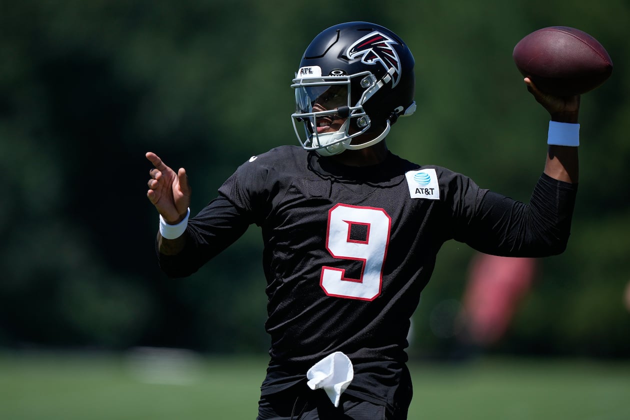 Atlanta Falcons quarterback Michael Penix Jr. runs drills during an NFL football training camp practice Monday, Aug. 24, 2026, in Flowery Branch, Ga. (Brynn Anderson/AP)