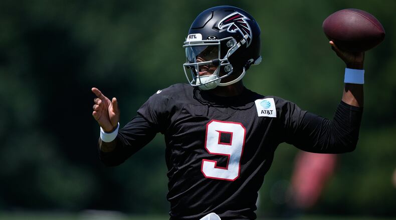 Atlanta Falcons quarterback Michael Penix Jr. runs drills during an NFL football training camp practice Monday, Aug. 24, 2026, in Flowery Branch, Ga. (Brynn Anderson/AP)
