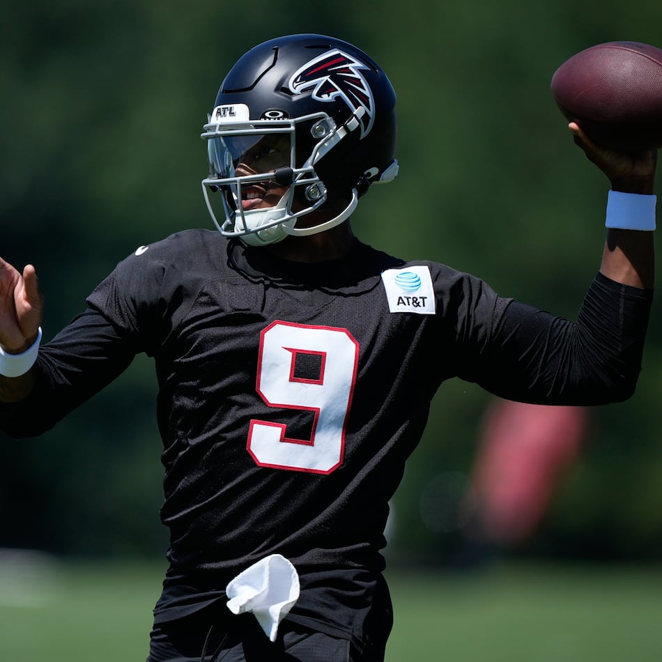 Atlanta Falcons quarterback Michael Penix Jr. runs drills during an NFL football training camp practice Monday, Aug. 24, 2026, in Flowery Branch, Ga. (Brynn Anderson/AP)