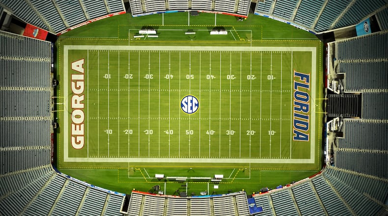 Aerial photo shows EverBank Stadium in advance of the NCAA football game Saturday between Georgia and Florida, Friday, October 27, 2023, in Jacksonville, FL. (Hyosub Shin / Hyosub.Shin@ajc.com)