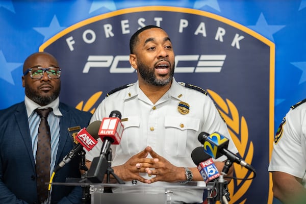 Forest Park Police Chief Brandon Criss gives an update on the fatal shooting at a motorcycle gathering in April 2025. (Ben Hendren for the AJC)