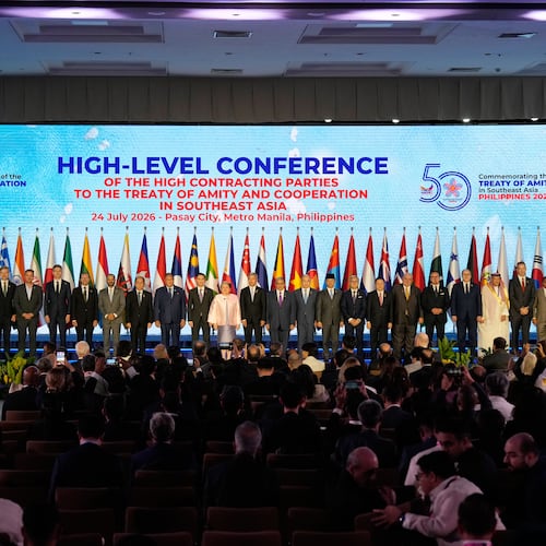 Philippines Foreign Secretary Theresa Lazaro, twelfth from left, poses with other leaders during the High-Level Conference of the High Contracting Parties to the Treaty of Amity and Cooperation (TAC) on the sidelines of the Association of Southeast Asian Nations (ASEAN) Foreign Ministers' Meeting in Pasay, Metro Manila, Philippines Friday, July 24, 2026. (AP Photo/Aaron Favila, Pool)