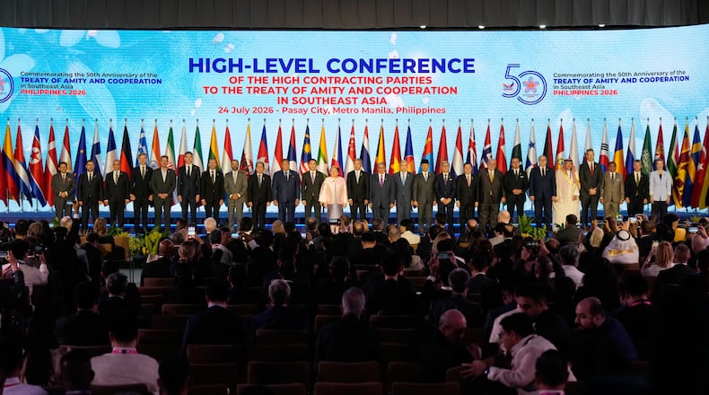 Philippines Foreign Secretary Theresa Lazaro, twelfth from left, poses with other leaders during the High-Level Conference of the High Contracting Parties to the Treaty of Amity and Cooperation (TAC) on the sidelines of the Association of Southeast Asian Nations (ASEAN) Foreign Ministers' Meeting in Pasay, Metro Manila, Philippines Friday, July 24, 2026. (AP Photo/Aaron Favila, Pool)