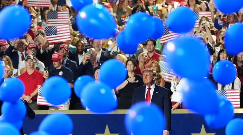 President Donald Trump watches as balloons fall at the Republican convention Thursday, Sept. 10, 2026, in Dallas. (AP Photo/Alex Brandon)