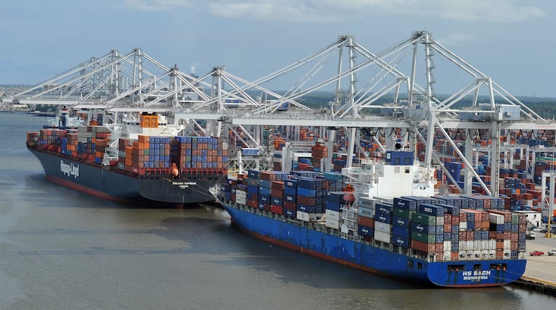 Georgia’s port in Savannah is an economic engine for the state. Officials are closely watching forecasts for the path of Hurricane Florence.  BRANT SANDERLIN / BSANDERLIN@AJC.COM .