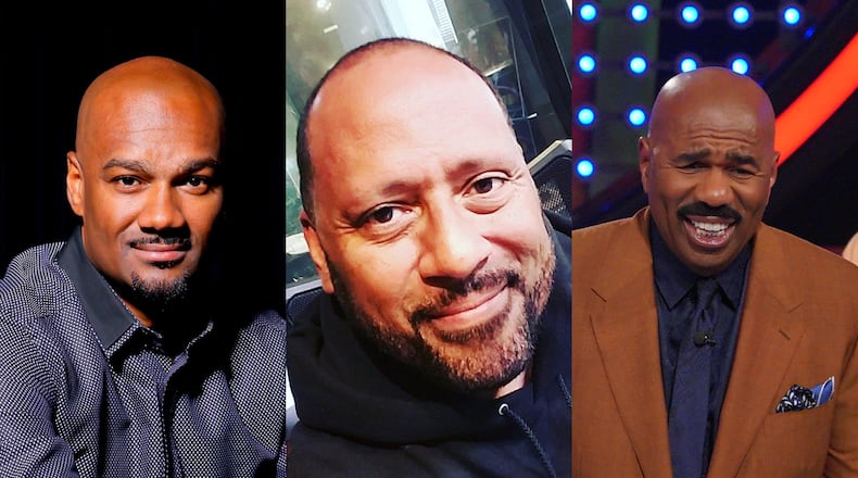 Steve Harvey on Majic (right) is the top-ranked Atlanta morning shows among Black stations, with Frank Ski on Kiss (center) second and Big Tigger on V-103 (left) way behind. PUBLICITY PHOTOS