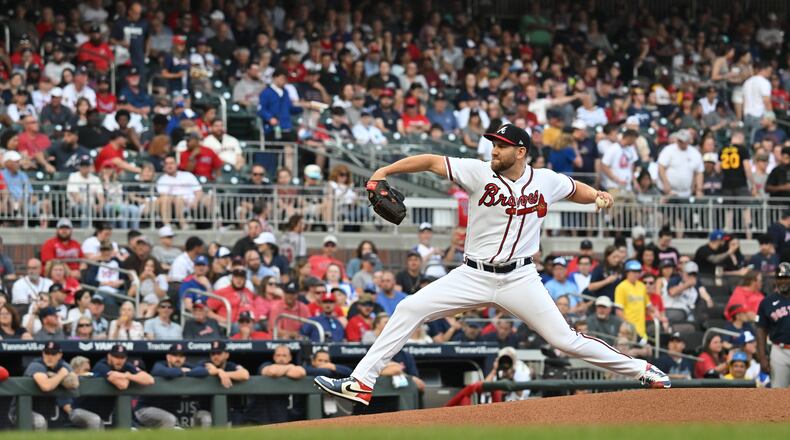 Braves relief pitcher Dylan Lee (52) throws a pitch against Boston Red Sox during the first inning at Truist Park, Wednesday, May 10, 2023, in Atlanta. (Hyosub Shin / Hyosub.Shin@ajc.com)