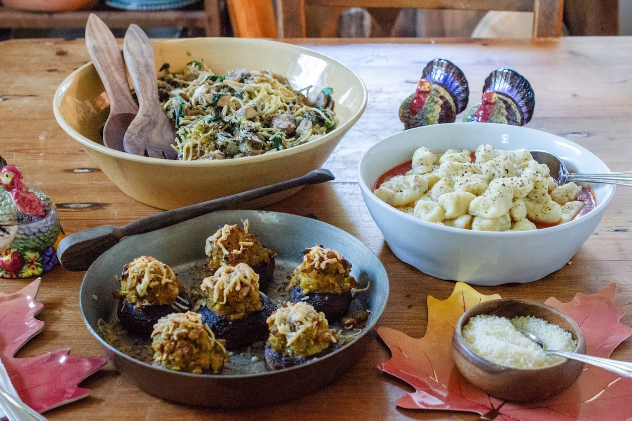 Updated Turkey Tetrazzini, Mashed Potato Gnocchi and Dressing-Stuffed Mushrooms are tasty ways to revamp Thanksgiving leftovers. (Virginia Willis for the AJC)