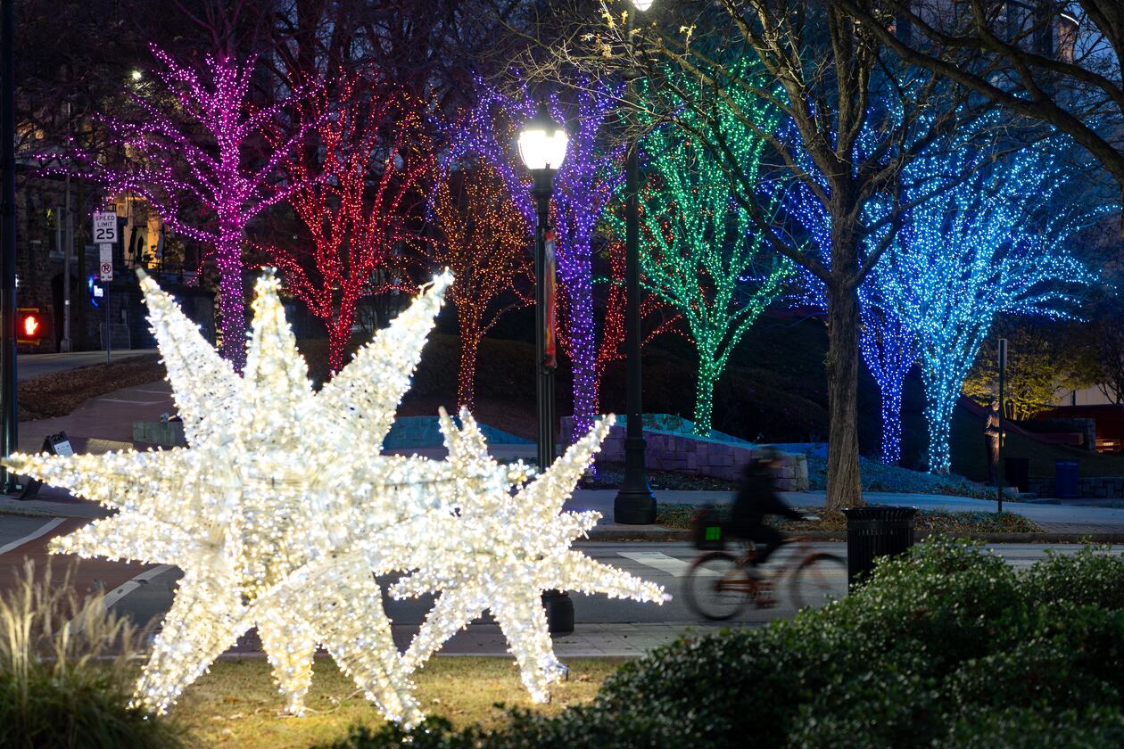 Lights are displayed outside of the Woodruff Arts Center near the intersection of Peachtree Street and 15th Street. (Ben Hendren for the AJC)
