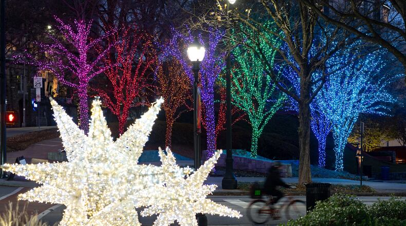 Lights are displayed outside of the Woodruff Arts Center near the intersection of Peachtree Street and 15th Street. (Ben Hendren for the AJC)