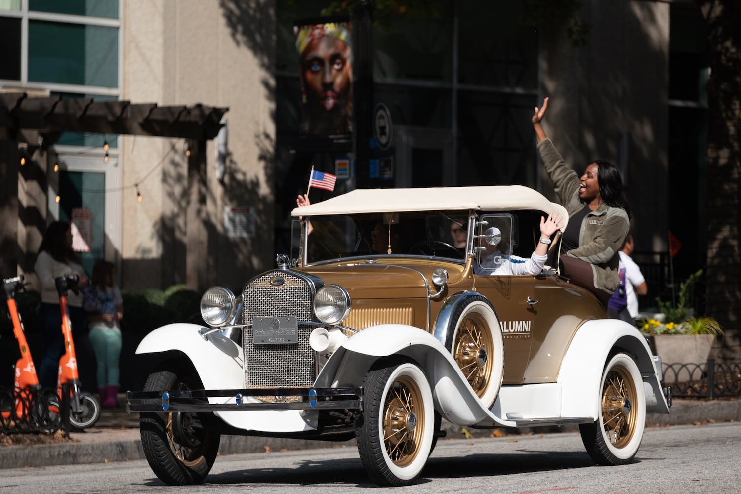 The Ramblin’ Wreck makes it’s way down Peachtree Street during the Georgia Veterans Day Parade in Midtown Atlanta on Saturday, Nov. 8, 2025.   Ben Gray for the Atlanta Journal-Constitution