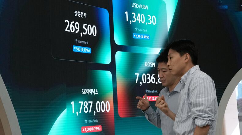 Currency traders work near a screen showing the Korea Composite Stock Price Index (KOSPI), the foreign exchange rate between U.S. dollar and South Korean won, SK Hynix and Samsung Electronics Co. stock price at the foreign exchange dealing room of the Hana Bank headquarters in Seoul, South Korea, Tuesday, Sept. 8, 2026. (AP Photo/Ahn Young-joon)