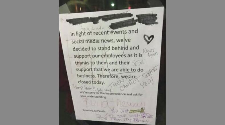 A note left by a Watkinsville restaurant was defaced. (Credit: Athens Banner-Herald)