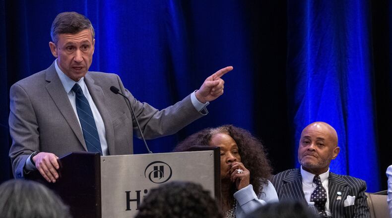 Democratic National Committee Chair Ken Martin speaks during the Black Caucus meeting as part of the DNC Summer Meeting, Thursday, Aug. 13, 2026, in Austin, Texas. (AP Photo/Joel Angel Juarez)