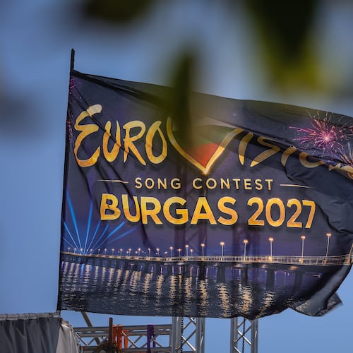 FILE - An Eurovision flag flies at the port of Burgas, on Bulgaria's Black Sea coast, which will host the 71st Eurovision Song Contest in 2027, Friday, Aug. 14, 2026. (AP Photo/Valentina Petrova, File)