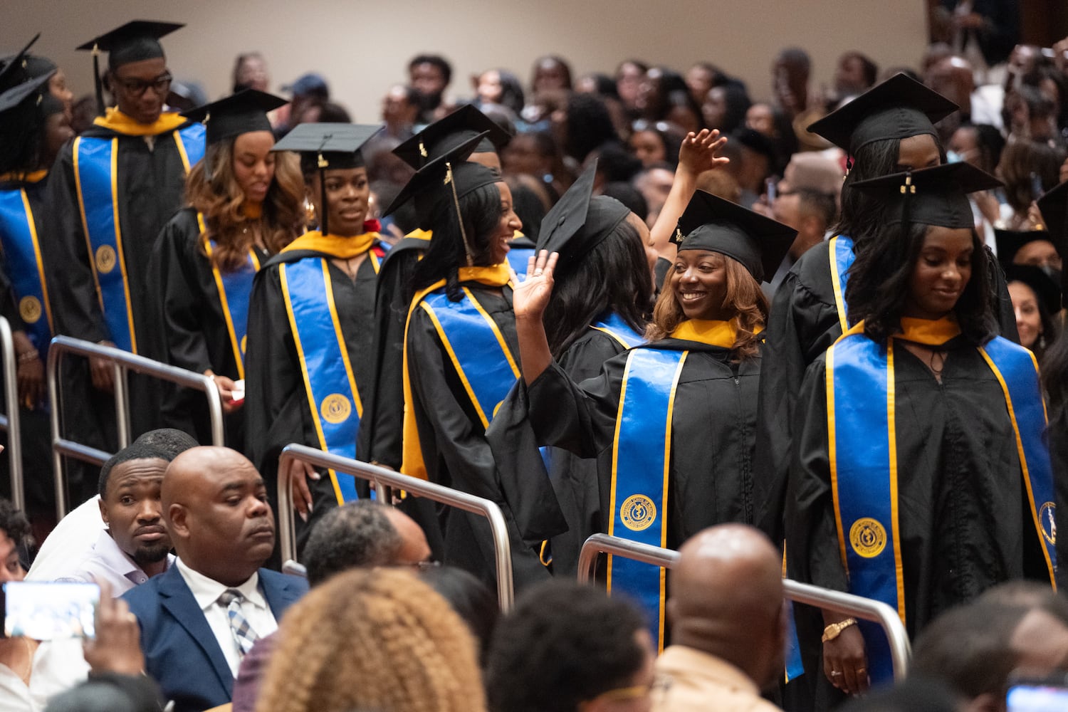 Morehouse School of Medicine students make their way into their graduation ceremony on Saturday, May 16, 2026, in Atlanta. (Ben Gray for the AJC)