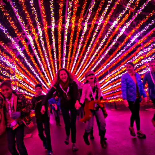 Aiden Harte (left), his mother Lisa and Eliza Peterson hold hands as they run underneath holiday lights inside Six Flags Over Georgia in Austell on Friday, November 21, 2014. The park was decorated in 10 sections of holiday lights for the first time since 1990. (Jonathan Phillips/Special)
