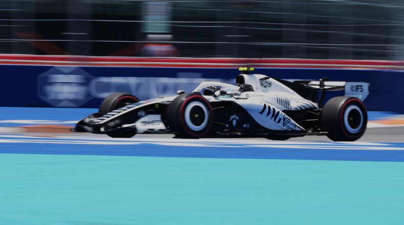 Cadillac driver Valtteri Bottas of Finland steers his car during the first practice session ahead of the Miami Formula One Grand Prix, Friday, May 1, 2026, in Miami Gardens, Fla. (AP Photo/Rebecca Blackwell)