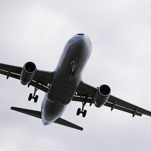 An aircraft approaches Philadelphia International Airport in Philadelphia, Thursday, Nov. 6, 2025. (AP Photo/Matt Rourke)