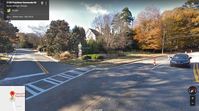 Proposed safety improvements for the intersection of Peachtree Dunwoody Road and Telford Place in Sandy Springs are the subject of a public information open house March 25. GOOGLE MAPS