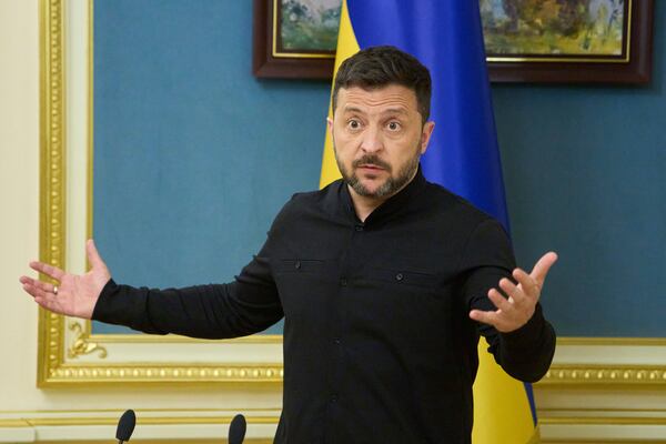 Ukrainian President Volodymyr Zelenskyy speaks during a briefing in Kyiv, Ukraine, Monday, May 19, 2025. (AP Photo/Efrem Lukatsky)