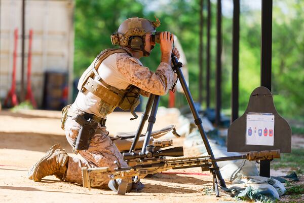 Marine Corps Staff Sgt. Tyler Johnson competes in the International Sniper Competition at Fort Benning near Columbus on April 8, 2026. (Arvin Temkar/AJC)